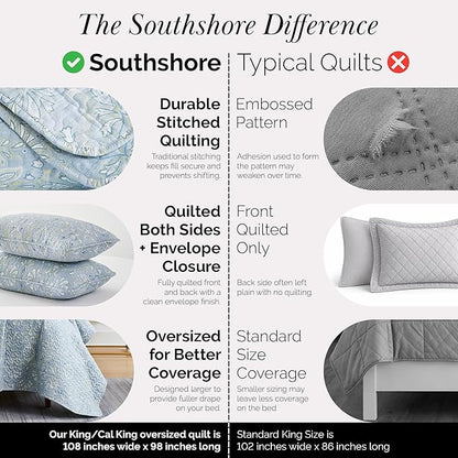 Southshore Fine Living, Inc. Boho Quilt Set, Lightweight Bedspread, Summer Coverlet, 3-Piece Paisley Bedding Set with Two Matching Pillow Shams, California King Quilts, Blue Paisley