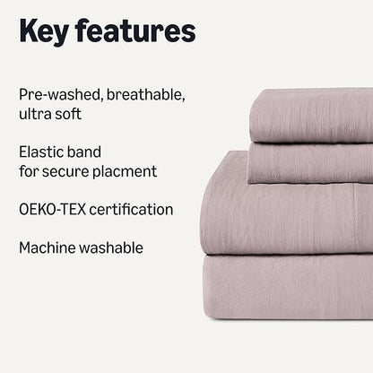 Amazon Basics Queen Bed Sheet, 4-Piece Bedding Set, Double Brushed Microfiber, Ultra Soft, Easy Care, Purple