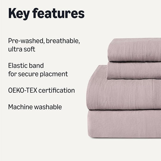 Amazon Basics Queen Bed Sheet, 4-Piece Bedding Set, Double Brushed Microfiber, Ultra Soft, Easy Care, Purple