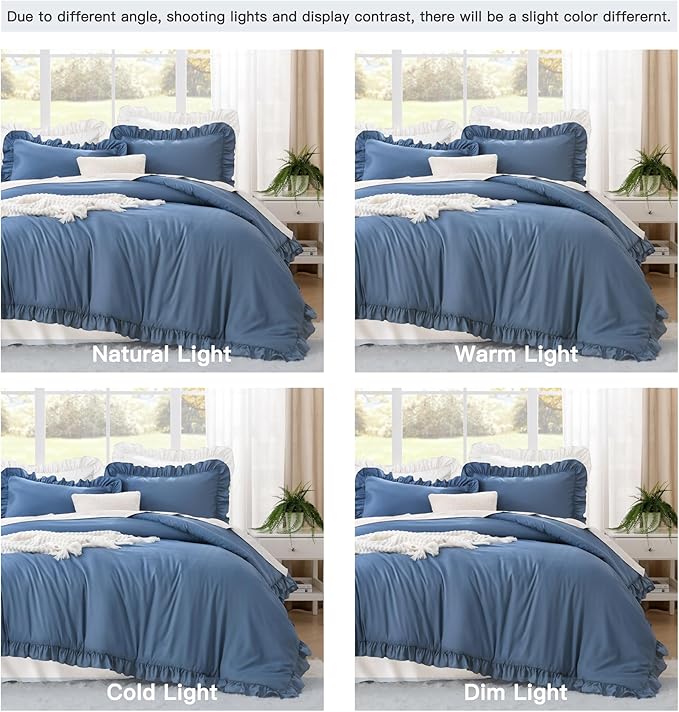 Litanika Ocean Blue King Size Comforter Set, 3 Pieces Ruffle Farmhouse Aesthetic Bedding Comforter Set, All Season Soft Lightweight Fluffy Microfiber Bed Set(104x90In Comforter, 2 Pillowcases)