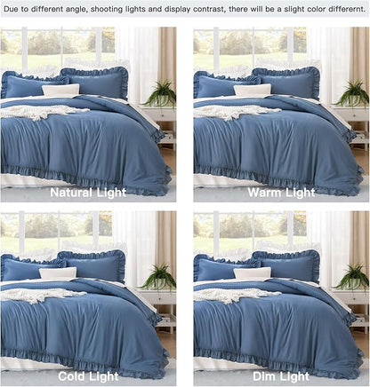Litanika Ocean Blue King Size Comforter Set, 3 Pieces Ruffle Farmhouse Aesthetic Bedding Comforter Set, All Season Soft Lightweight Fluffy Microfiber Bed Set(104x90In Comforter, 2 Pillowcases)