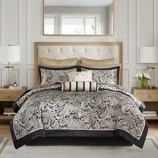 Madison Park Aubrey Cozy Comforter Set, Faux Silk Jacquard Paisley Design - All Season Down Alternative Bedding with Cotton Bed Sheets, Bed Skirt & Toss Pillows, Full Black 12 Piece