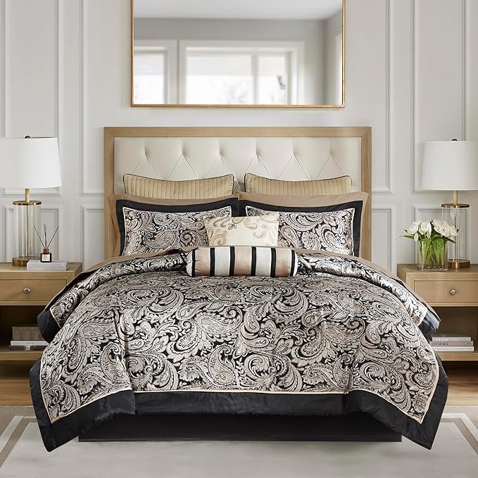 Madison Park Aubrey Cozy Comforter Set, Faux Silk Jacquard Paisley Design - All Season Down Alternative Bedding with Cotton Bed Sheets, Bed Skirt & Toss Pillows, California King Black 12 Piece