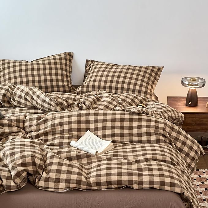 EAVD Vintage Style Brown&Beige Plaid Duvet Cover Set Full Soft 100% Washed Cotton Like Linen Feel 3-Piece Checkered Gingham Duvet Cover with 2 Pillowcases Retro Buffalo Plaid Bedding Set with Zipper