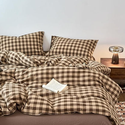 EAVD Vintage Style Brown&Beige Plaid Duvet Cover Set Full Soft 100% Washed Cotton Like Linen Feel 3-Piece Checkered Gingham Duvet Cover with 2 Pillowcases Retro Buffalo Plaid Bedding Set with Zipper