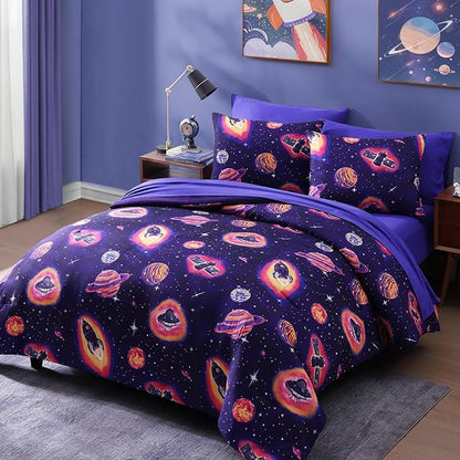 Full Kids Comforter Set - 7 Pieces Full Bedding Sets for Boys Teen, Outer Space Rocket Bed in A Bag with Sheets