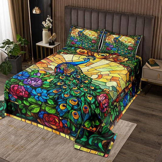 Peacock Kids Bedspread Twin Size,Rose Flowers Feather Wild Animals Rustic Coverlet Set,Boys Girls Room Decor,Geometric Grids Abstract Quilted Coverlet,Green Retro Chic Bedding Quilt,1 Pillowcase