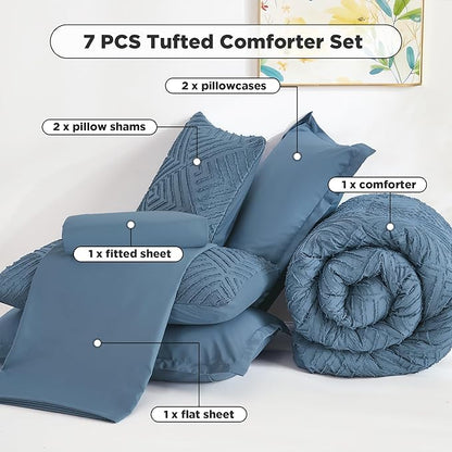 Andency California King Comforter Set Ocean Blue - 7 Pieces Bed in a Bag Cal King Bedding Comforter Sets, Tufted Lightweight Fluffy Bed Set with Comforter, Sheets, Pillowcases & Shams