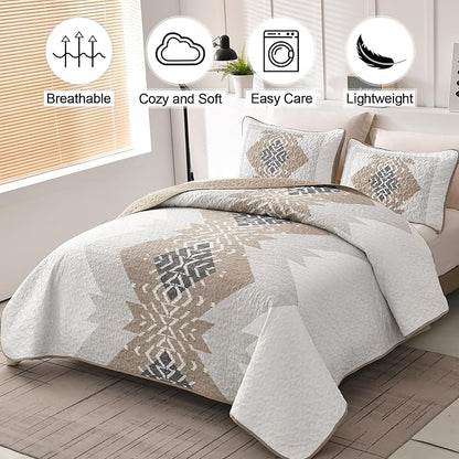 Dintszyayue Brown Boho Quilt Set Queen,3 Pieces Aztec Texture Quilt with 2 Pillowcases,Bohemian Geometric Bedspread Bedding Set Microfiber Quilted Coverlet Set for All Seasons Queen Size(90"×96")