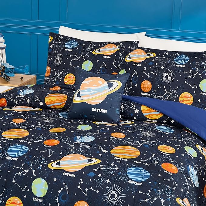 Twin Comforter Set for Boys-3 Pieces Space Glow in the Dark Twin Bedding Sets for Kids,1 Comforter,1 Sham and 1 Decor Pillow