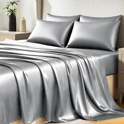 CozyLux Satin Sheets King Size Sheet Set - 6 Piece Silky King Sheets, Luxury Light Grey King Bed Set with Smooth and Soft Microfiber, Includes 1 Fitted Sheet, 1 Flat Sheet and 4 Pillowcases