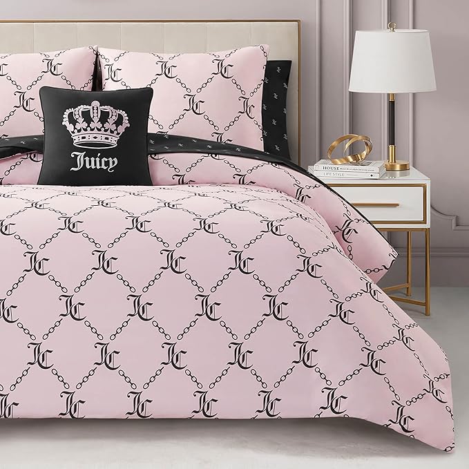 Juicy Couture Light Pink/Black Link Logo Printed Comforter Set, King – Complete 8-Piece Bed in a Bag Collection