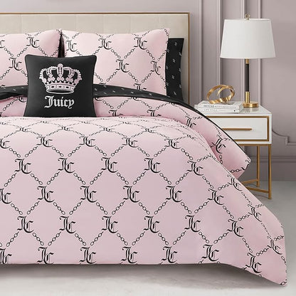Juicy Couture Light Pink/Black Link Logo Printed Comforter Set, King – Complete 8-Piece Bed in a Bag Collection