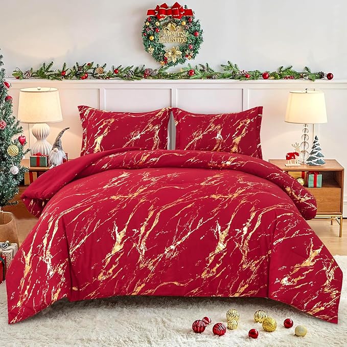 WONGS BEDDING Red Gold Metallic Marble Comforter Set King,Red Christmas Bedding Sets with 2 Pillowcases for All Seasons, Soft Microfiber Filling Bedding Duvet Set 103"x90"