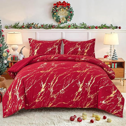 WONGS BEDDING Red Gold Metallic Marble Comforter Set King,Red Christmas Bedding Sets with 2 Pillowcases for All Seasons, Soft Microfiber Filling Bedding Duvet Set 103"x90"