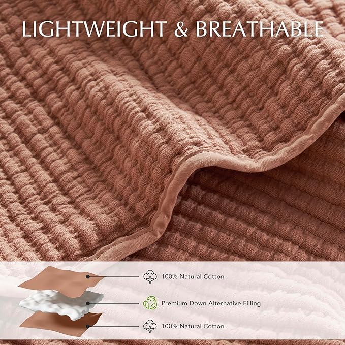 EVERGRACEHOME Cotton Coverlet Set Full Queen Size 3 Pieces, Lightweight Soft Ribbed Matelassé Bedspread Quilt Set, Cozy Oversized Quilted Bedding Set with 2 Pillow Shams for All Seasons, Clay