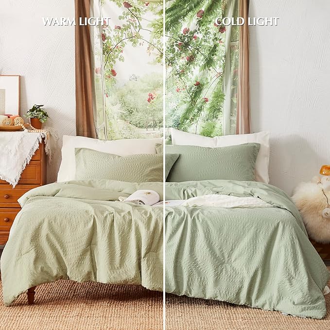 Geniospin Queen Comforter Set - 7 Pieces Botanical Textured Sage Green Bedding Sets, Shabby Chic Comforter Set, All Season Lightweight Bed in a Bag with Comforter, Sheets, Pillowcases & Shams