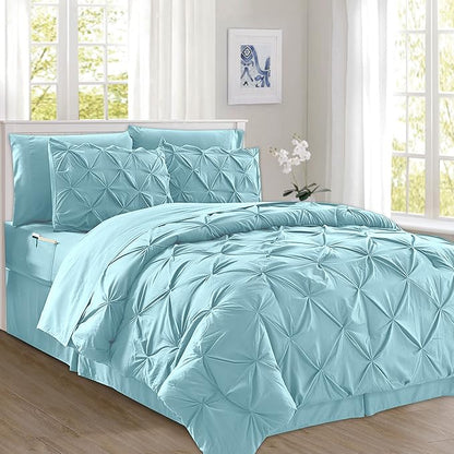 Elegant Comfort 8-Piece Pinch Pleated Comforter Set - All Season Complete Bed in a Bag, Includes 4pc Smart Sheet Set, Bed Skirt, Comforter, Matching Pillowcases and Shams, Full/Queen, Sky Blue