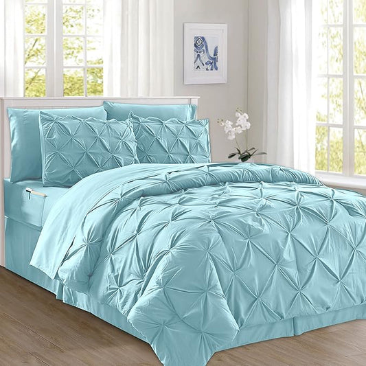 Elegant Comfort 8-Piece Pinch Pleated Comforter Set - All Season Complete Bed in a Bag, Includes 4pc Smart Sheet Set, Bed Skirt, Comforter, Matching Pillowcases and Shams, Full/Queen, Sky Blue