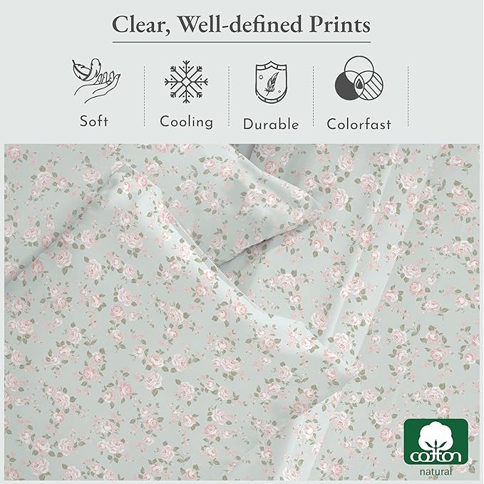 California Design Den Rose Sheet Set Twin XL, 100% Cotton 12" Pocket Twin XL Sheets & Pillowcase Set, Soft Sateen Weave - Vintage Rose