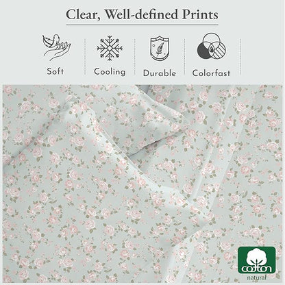 California Design Den Printed Pattern Rose Queen Sheet Set, 100% Cotton Sateen Deep Pocket Queen Sheets & Pillowcase Set - Vintage Rose