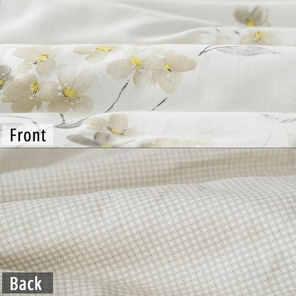 Floral Cotton Comforter King Size - Cream Comforter with Luxurious Grey Branches & Subtle Beige Blossoms,Reversible Lightweight Bedding Sets 3Pcs(104"×90")