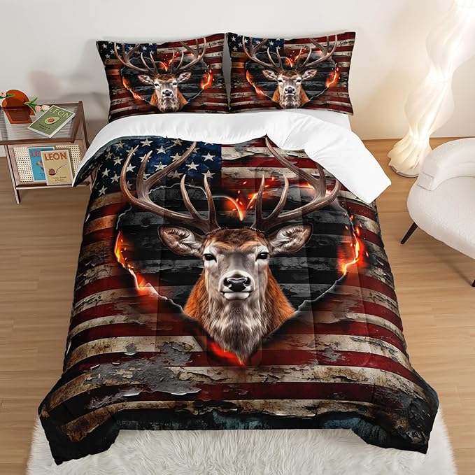 Deer Bedding Sets for Kids Boys Girls Room Decor,Hunting Themed American Flag Bedding Comforter Sets,Western Comforter Sets Camo Queen Bedding Set with 2 Pillowcases.
