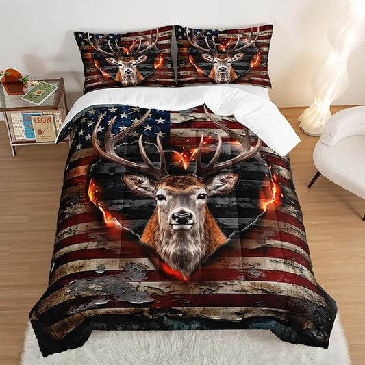 Deer Bedding Sets for Kids Boys Girls Room Decor,Hunting Themed American Flag Bedding Comforter Sets,Western Comforter Sets Camo Queen Bedding Set with 2 Pillowcases.