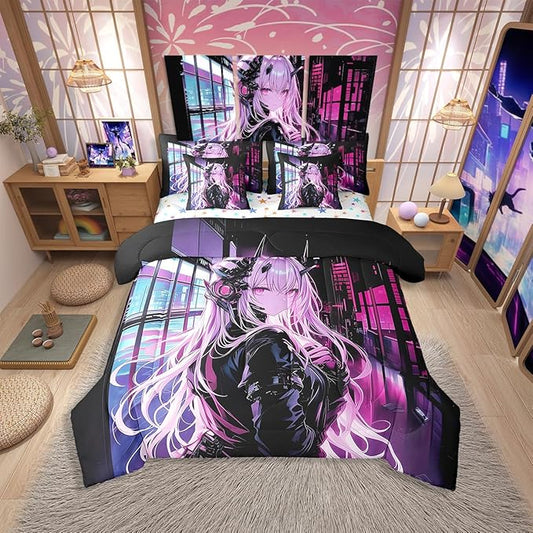 Erosebridal Japanese Anime 7 Piece Comforter Set Queen Size, Anime Girl Bed in A Bag Kawaii Japanese Style Bedding Set Cartoon Japan Animation Bed Set for Boys Teens Adult Women Bedroom Decor