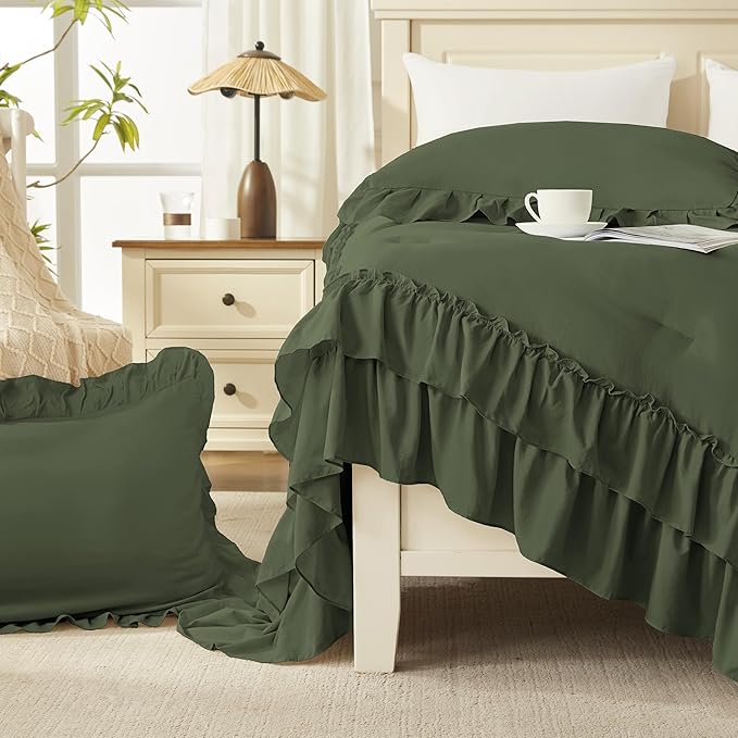 Andency Olive Green King Comforter Set (104x90Inch), 3 Pieces Ruffle Comforter Set with 2 Pillowcases, Farmhouse Shabby Chic Lightweight Fluffy Soft Polyester All Season Bed Set