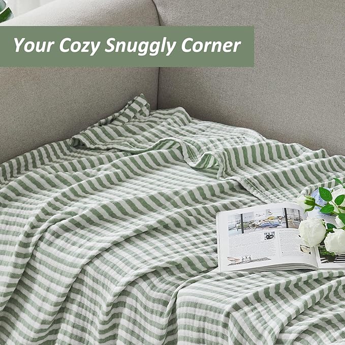 EMME Cotton Muslin Twin XL Blanket Breathable Gauze Soft Lightweight Adults Gifts for Women (Striped Sage Green, 66"x90")