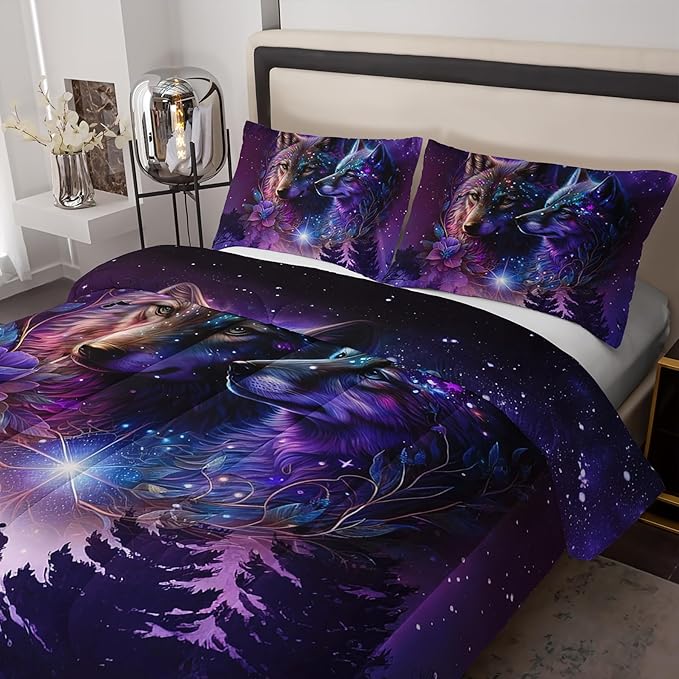 Wolf Bedding Set King Size - Camping Theme Comforter Set With Animal Print