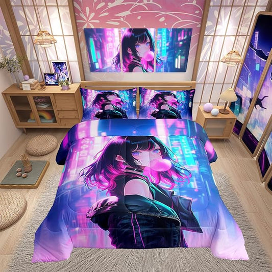 Erosebridal Anime Girl Comforter Set Toddler Size, Kawaii Japanese Anime Quilt for Kids Boys Teens Adult, Cartoon Girl Bedding Set Japan Animation Bedroom Decor, Machine Washable, Lightweight