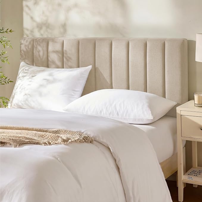 Hearth & Harbor Wall Mounted Queen Headboard Only, Bed Headboard Queen Size | Easy Assemble, Floating Peel and Stick, Upholstered, Channel Stitched, 3D Wall Panels, 5 Strips of 3M Tape Included, Beige