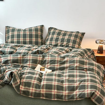 EAVD Vintage Style Green Plaid Duvet Cover Queen Soft 100% Washed Cotton Red Green Grid Checkered Bedding Set with 2 Pillowcases Retro Farmhouse Geometric Grid Duvet Cover with Zipper Closure