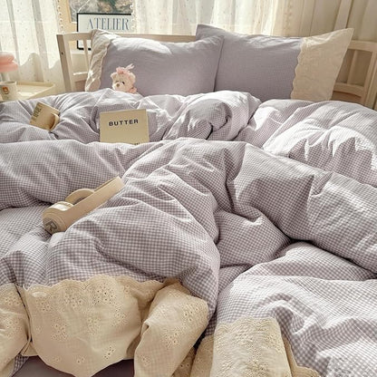 Purple Gingham XL Twin Comforter Boho Fluffy Bedding Set Plaid Cute Lightweight Down Alternative Bedding Comforter Set Microfiber Cozy Lace-Trimmed Farmhouse Comforter with 2 Pillowcases