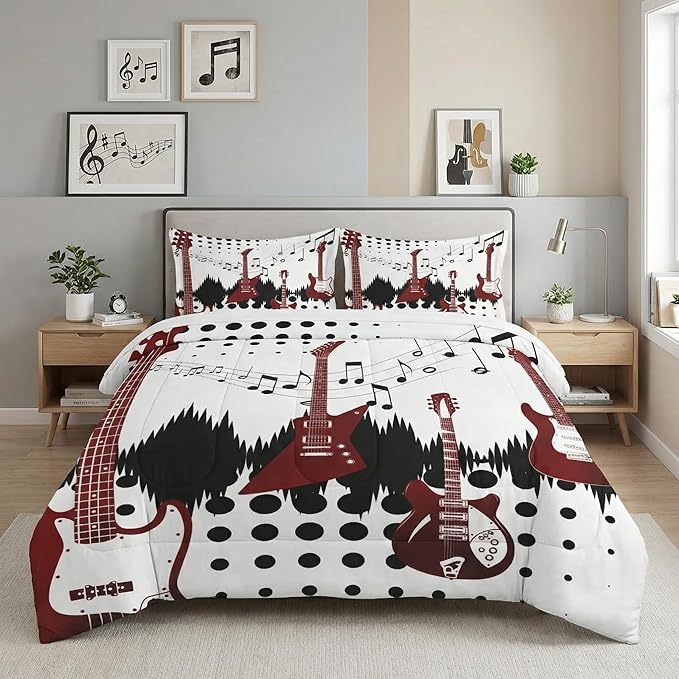 Full Size Comforter Set with 2 Pillowcases, Guitar Rock Music 3 Pcs Bedding for Kids and Adults, Musical Play Soft Comforter Set for Bedroom Bed Decor