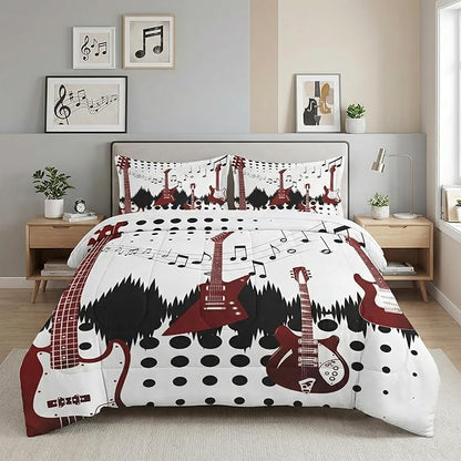 Full Size Comforter Set with 2 Pillowcases, Guitar Rock Music 3 Pcs Bedding for Kids and Adults, Musical Play Soft Comforter Set for Bedroom Bed Decor