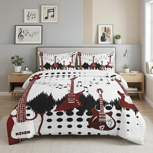 Full Size Comforter Set with 2 Pillowcases, Guitar Rock Music 3 Pcs Bedding for Kids and Adults, Musical Play Soft Comforter Set for Bedroom Bed Decor