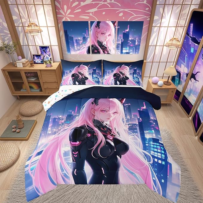 Erosebridal Japanese Anime Comforter Set Queen Size, Anime Girl Bedding Set Kawaii Japanese Style Quilt Cartoon Japan Animation Duvet Insert for Boys Teens Adult Women Bedroom Decor