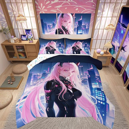 Erosebridal Japanese Anime Comforter Set Queen Size, Anime Girl Bedding Set Kawaii Japanese Style Quilt Cartoon Japan Animation Duvet Insert for Boys Teens Adult Women Bedroom Decor