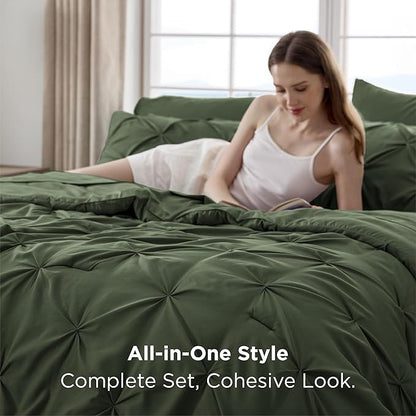 Bedsure California King Comforter Set Olive Green - Bed in a Bag Cal King Bedding Set 7 PCS, GentleSoft™ Pintuck Bed Set Gift for Family, Pinch Pleat Green Comforter with Sheets, Pillowcases & Shams
