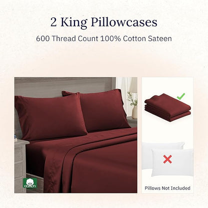 California Design Den King Size Pillow Cases Set of 2 - Luxuriously Soft Premium 600 Thread Count Sateen, 100% Cotton, Crisp Sateen, Fits King Pillows - Brick Red