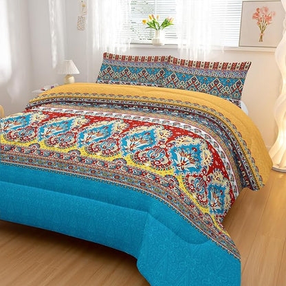 Paisley Bohemian Comforter Sets Full Size,Colorful Boho Chic Medallion Exotic Bedding Set for Your Room,Abstract Soft Lightweight Quilted Set All Season,1 Comforter and 2 Pillowcases