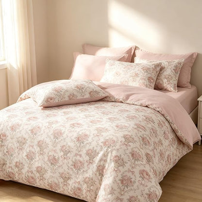 Coquette Cottagecore Comforter Set Queen Size, 3Pcs Shabby Chic Flower Bedding for Women Teen Girls, French Country Style Quilted Comforter with 2 Pillowcases, 90"x90"