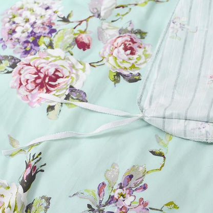 FADFAY Cotton Duvet Cover Set Full Size Blue Floral Bedding Set Super Soft Purple Hydrangea Flower Print Reverse to Striped Zipper Bed Cover French Countryside Girls Bedding 3 Pcs, Full