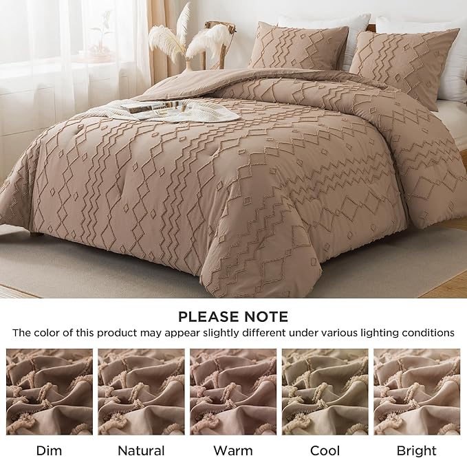 Andency Taupe Tufted Comforter Set Queen(90x90Inch), 3 Pieces(1 Boho Comforter, 2 Pillowcases) Textured Farmhouse Bed, Soft Microfiber Down Alternative Geometric Bedding Set