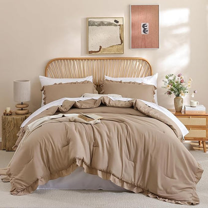 JANZAA Twin Ruffled Comforter Set 3PCS (1 Taupe Comforter Set and 2 Pillowcases) Vintage Farmhouse Shabby Chic Bedding Soft Fluffy All Season