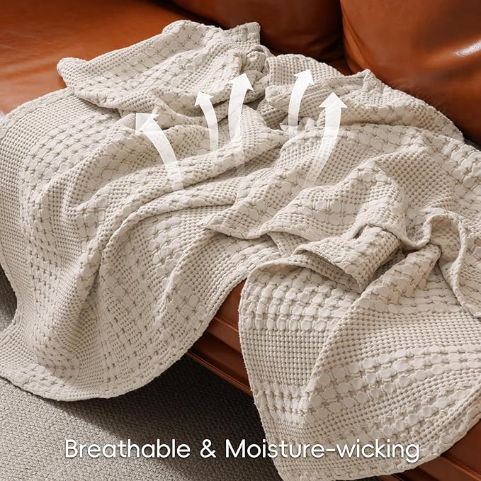 PHF 100% Cotton Waffle Weave Blanket King Size for Bed, Soft Lightweight & Breathable for Spring and Summer, All-Season Comfort, Luxury Aesthetic Blanket for Home Decor, 108"x90", Light Taupe/Oatmeal