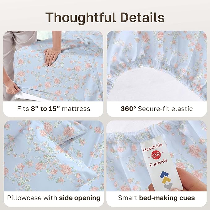 California Design Den Floral Deep Pocket Twin Sheets Set - 400 Thread Count Sateen, Natural 100% Cotton Sheets, and Durable Bedding Set - Antique Rose
